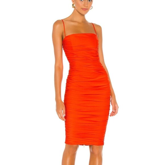 Nookie Cooper Ruched Midi Dress Red Tangerine size Medium - Picture 4 of 17